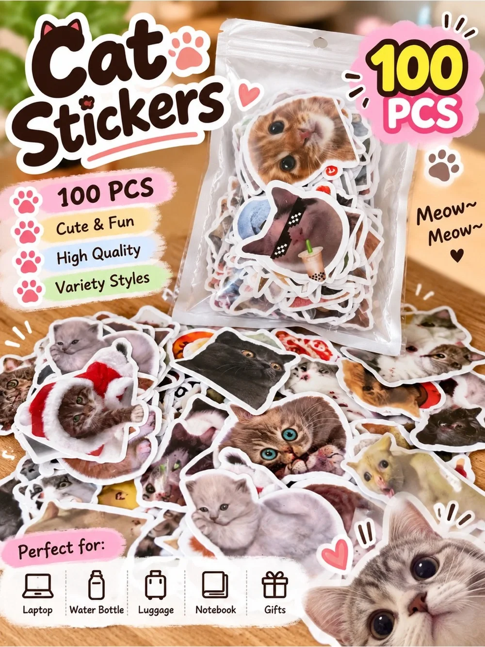 3 Packs Total 300 Pcs Cat Stickers Pack - Cute Cat Sticker Set, Multi-Color